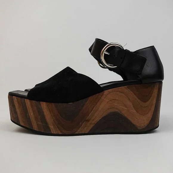 Celine Black Suede Platform Wavy Wood Block Heeled Buckle Sandal - FR 39/US 9 - Picture 12 of 12